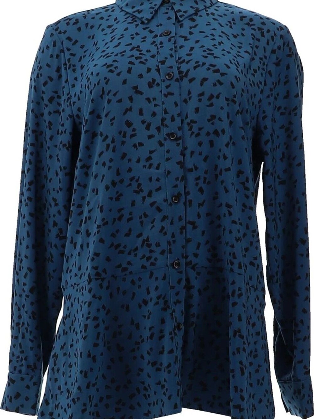 Susan Graver Printed Stretch Peachskin Peplum Big Shirt Blue Women's Medium